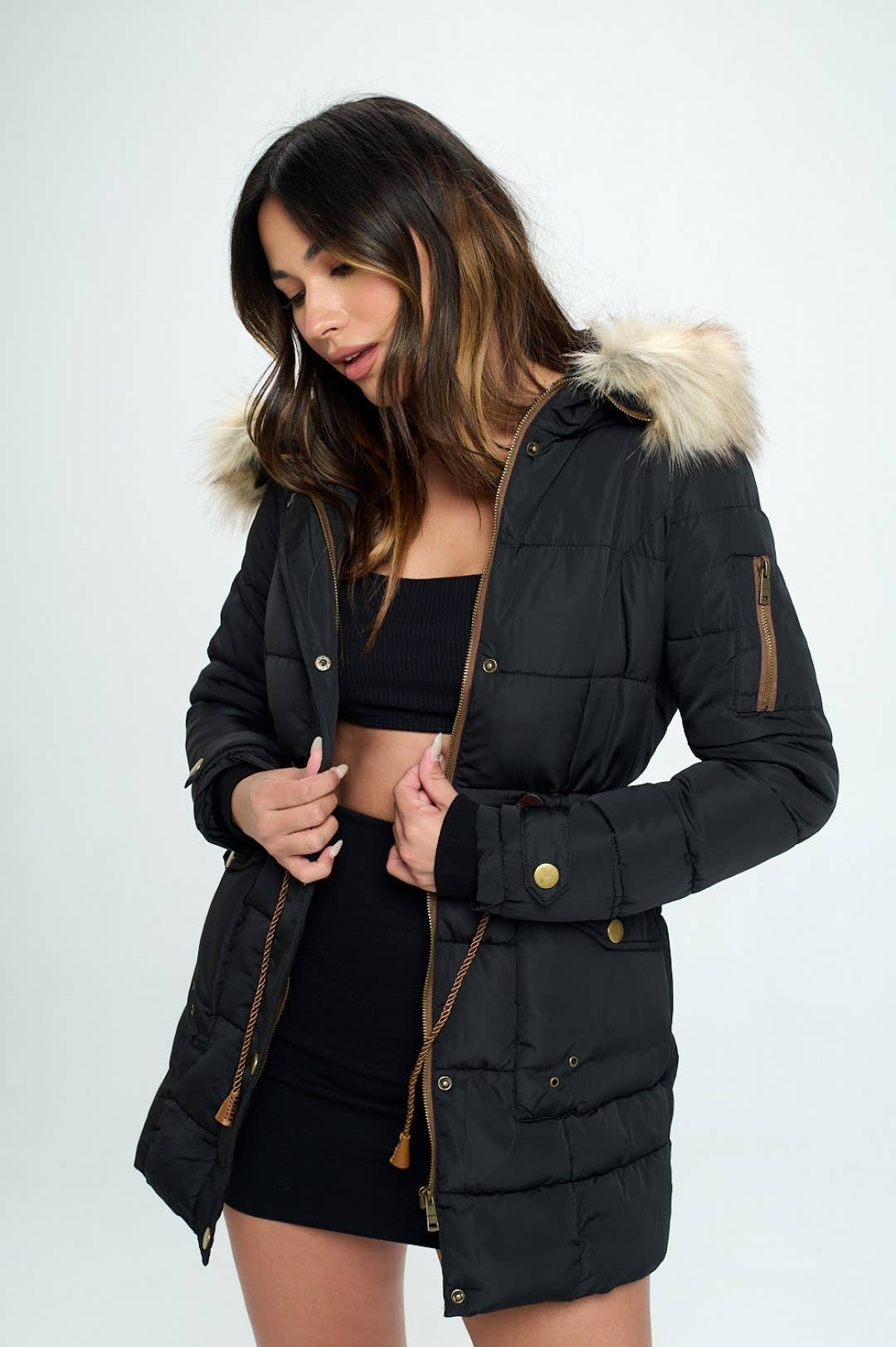 Coalition LA Aria Quilted Faux Fur Trim Hood Puffer Jacket in Black