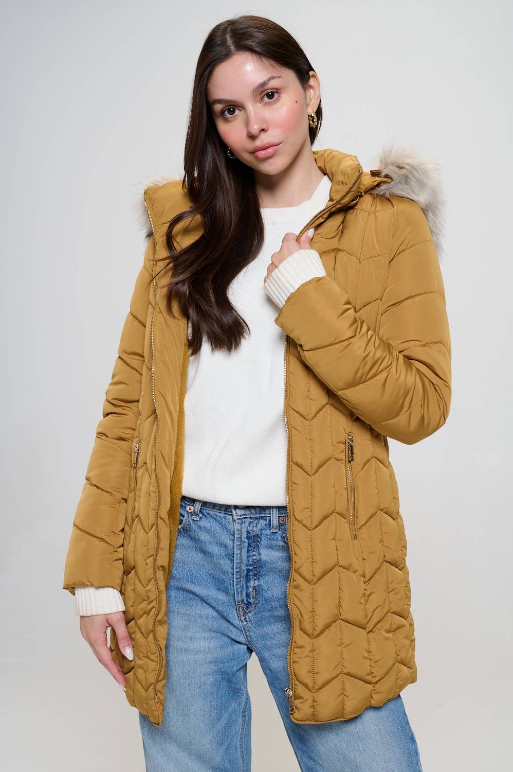 Mustard faux fur hotsell trim hooded puffer jacket